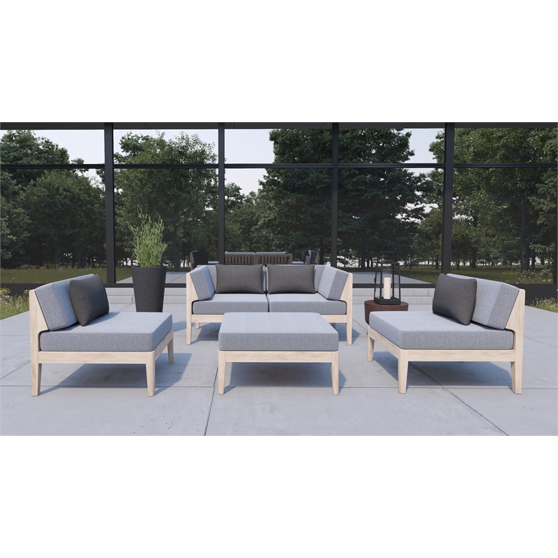 Linon Morningside Outdoor Acacia Wood Ottoman with Gray Cushion in Natural