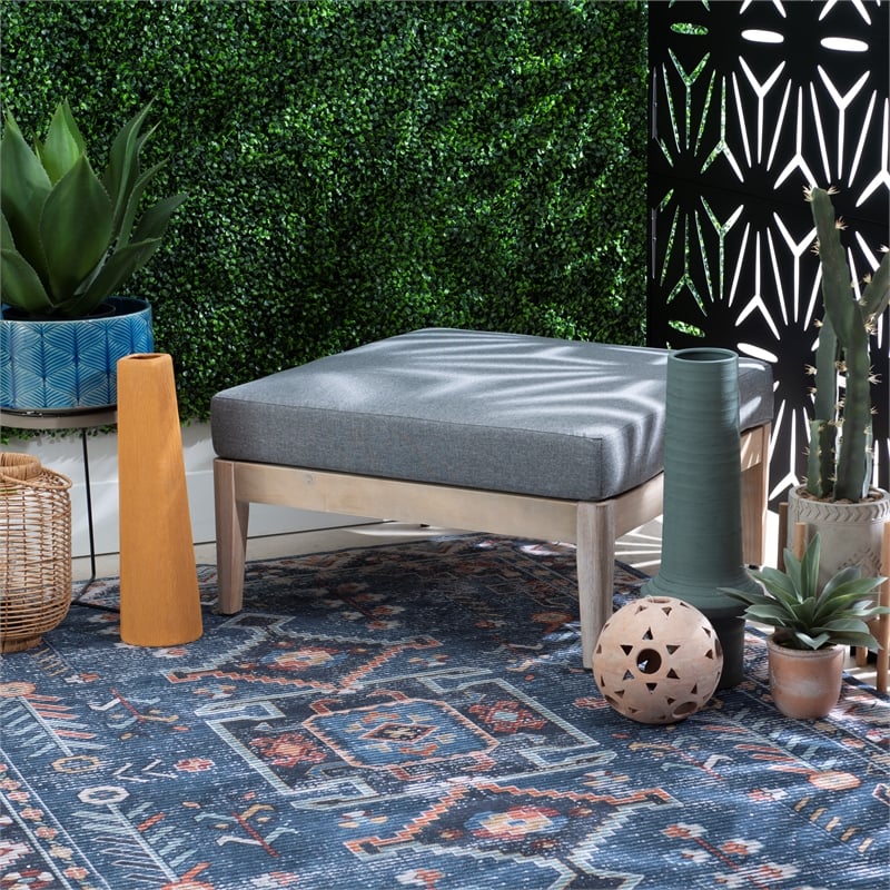 Linon Morningside Outdoor Acacia Wood Ottoman with Gray Cushion in Natural
