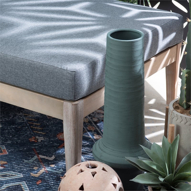Linon Morningside Outdoor Acacia Wood Ottoman with Gray Cushion in Natural