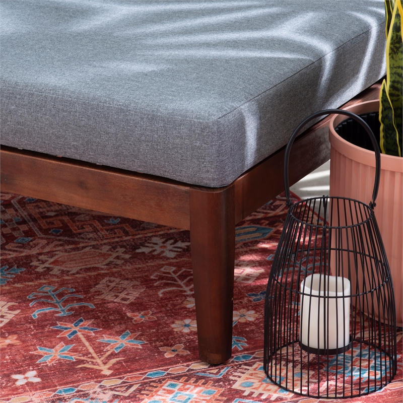 Linon Morningside Outdoor Acacia Wood Ottoman with Gray Cushions in Walnut
