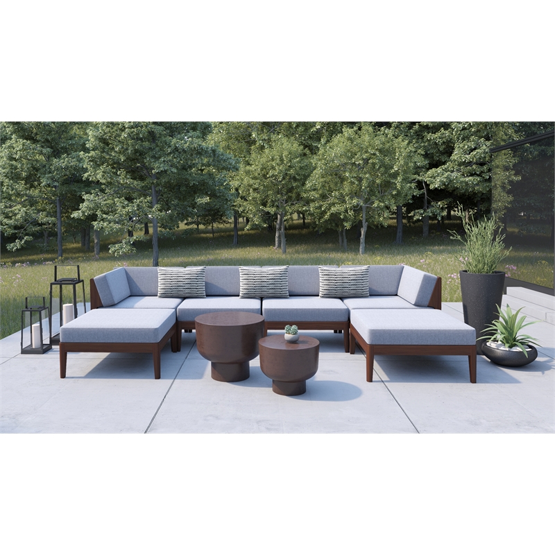 Linon Morningside Outdoor Acacia Wood Corner Chair with Gray Cushions in Walnut