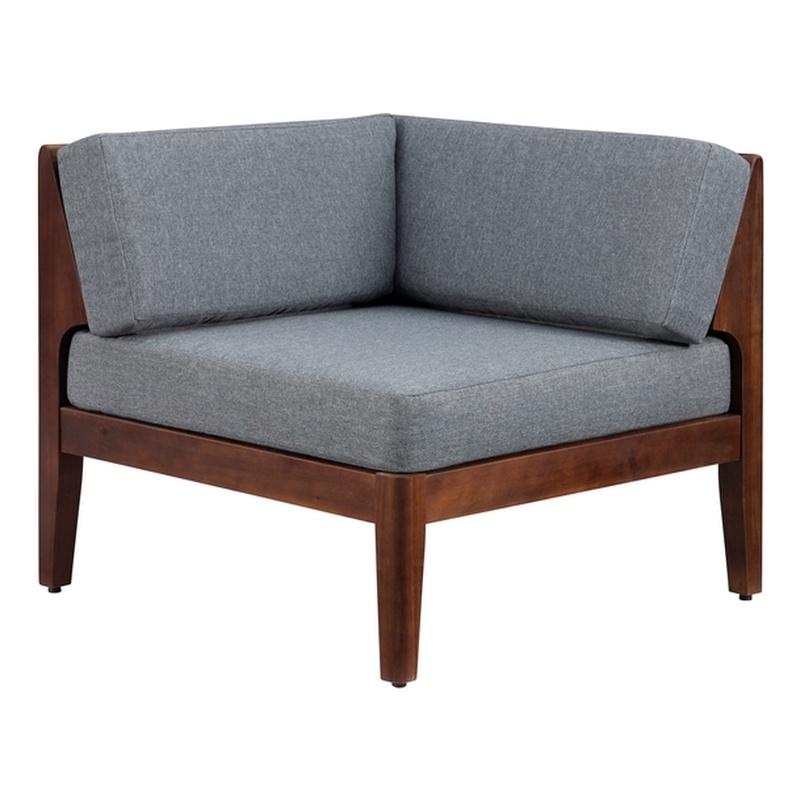 Linon Morningside Outdoor Acacia Wood Corner Chair with Gray Cushions in Walnut