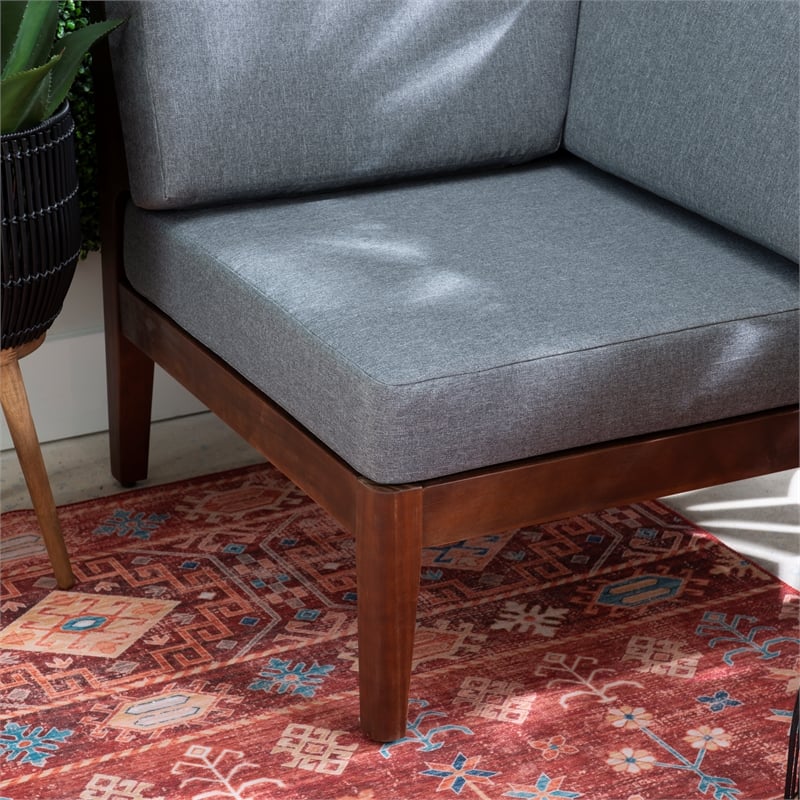 Linon Morningside Outdoor Acacia Wood Corner Chair with Gray Cushions in Walnut