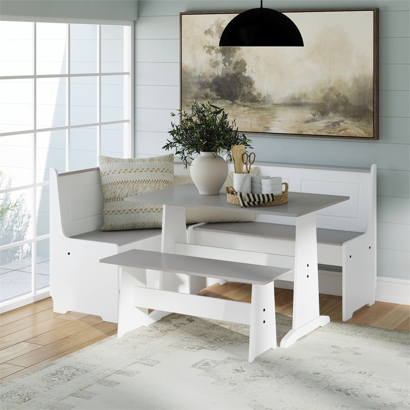 Linon Ardmore Pine Wood Corner Nook Dining Set with Storage in White and Gray