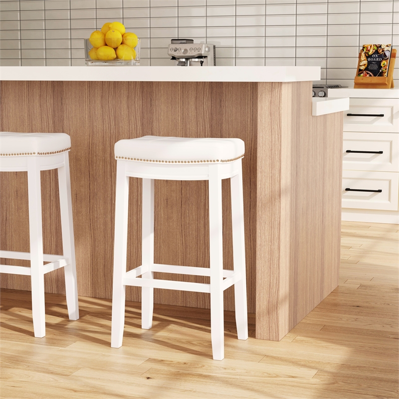 Linon Claridge Backless Bar Stool White Faux Leather Seat Wood Frame in White