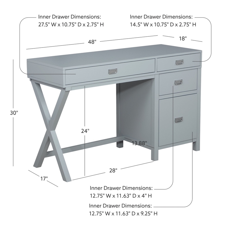 Linon Peggy Side Storage Wood Desk with 4 Drawers Silver Hardware in Gray