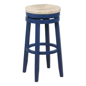 Linon Maya 31&quot Wood Swivel Seagrass Seat Barstool in Navy Blue