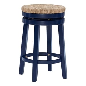Linon Maya 25&quot Round Swivel Counter Stool with Seagrass Seat in Navy Blue Wood