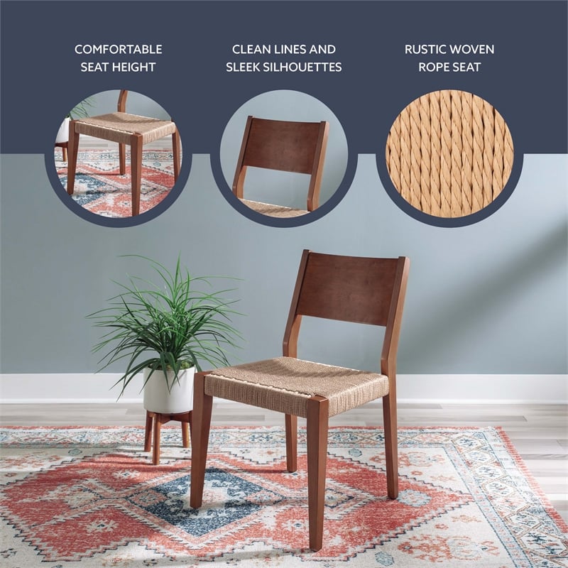 Linon Patty Set of 2 Dining Chairs Woven Seat Tapered Leg in Brown Finished Wood