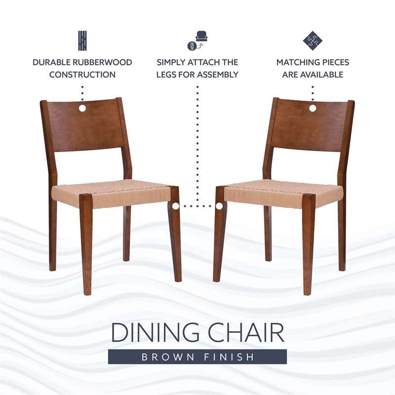 Linon Patty Set of 2 Dining Chairs Woven Seat Tapered Leg in Brown Finished Wood