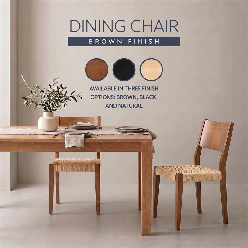Linon Patty Set of 2 Dining Chairs Woven Seat Tapered Leg in Brown Finished Wood