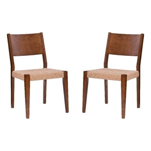 Linon Patty Set of 2 Dining Chairs Woven Seat Tapered Leg in Brown Finished Wood