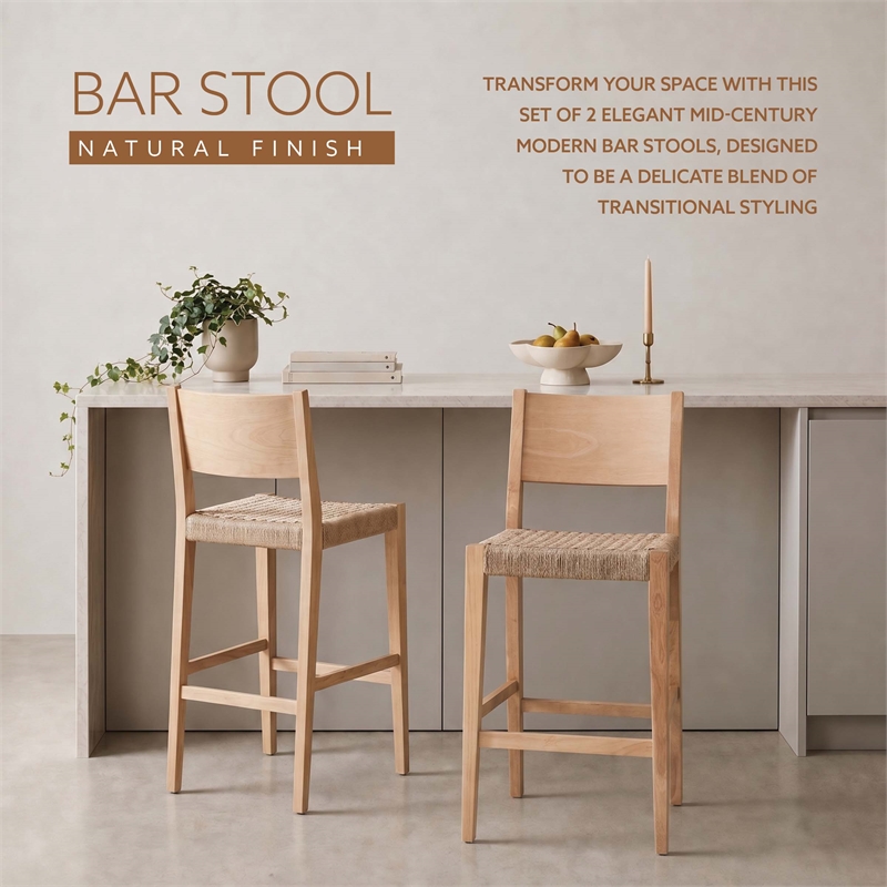 Linon Patty Rubberwood Barstools Handwoven Rope Seat Set of 2 in Natural Brown