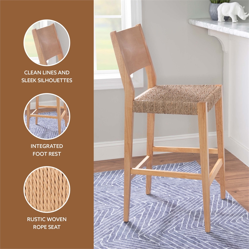 Linon Patty Rubberwood Barstools Handwoven Rope Seat Set of 2 in Natural Brown
