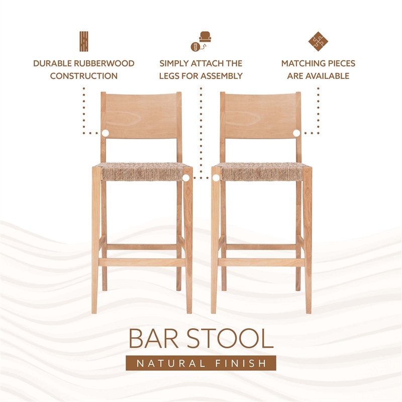 Linon Patty Rubberwood Barstools Handwoven Rope Seat Set of 2 in Natural Brown