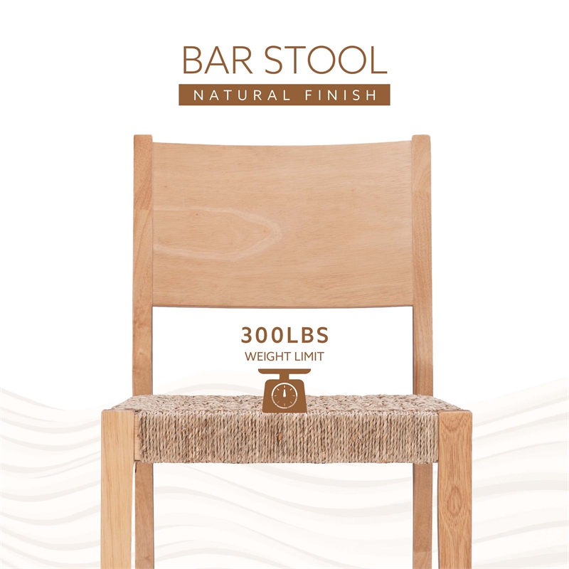 Linon Patty Rubberwood Barstools Handwoven Rope Seat Set of 2 in Natural Brown