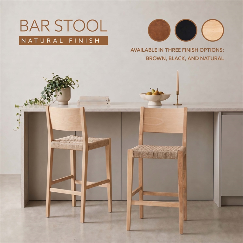 Linon Patty Rubberwood Barstools Handwoven Rope Seat Set of 2 in Natural Brown