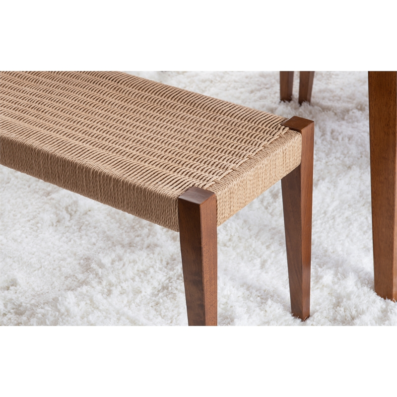 Linon Patty 6 Pce Wood Dining Set 4 Chairs and Bench with Woven Seats in Brown