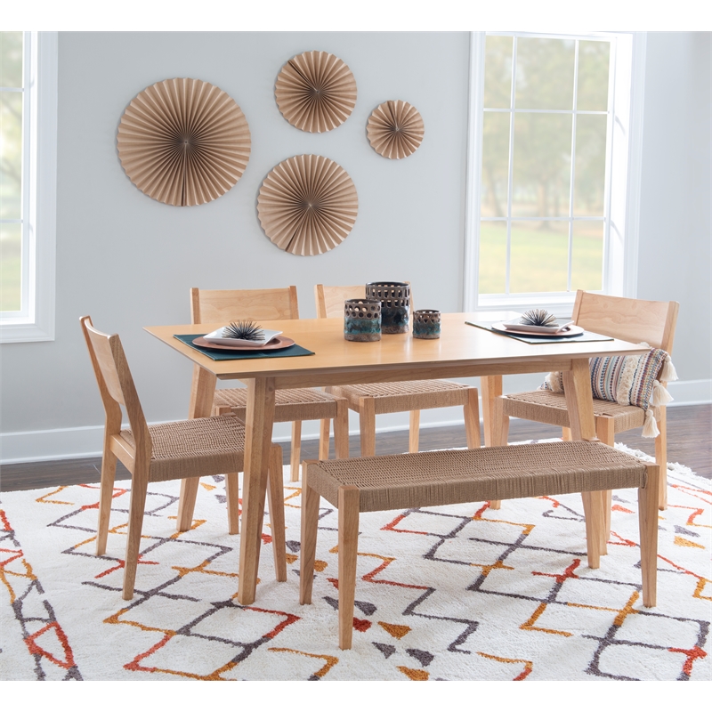 Linon Patty 6 Pce Wood Dining Set 4 Chairs and Bench with Woven Seats in Natural