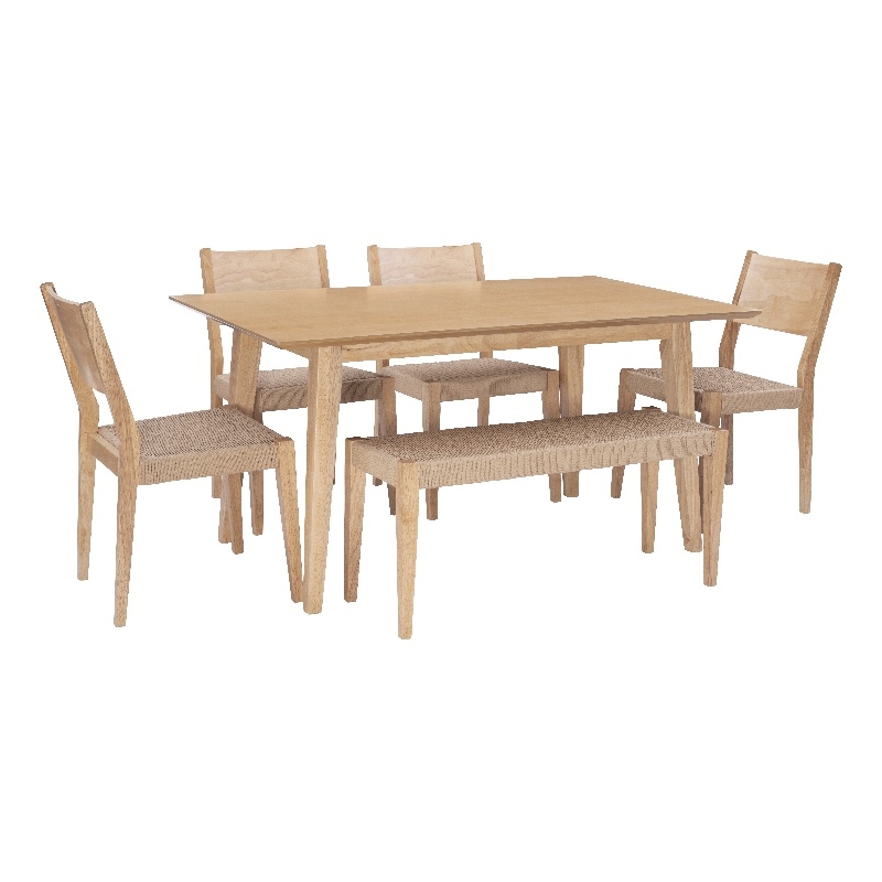 Linon Patty 6 Pce Wood Dining Set 4 Chairs and Bench with Woven Seats in Natural