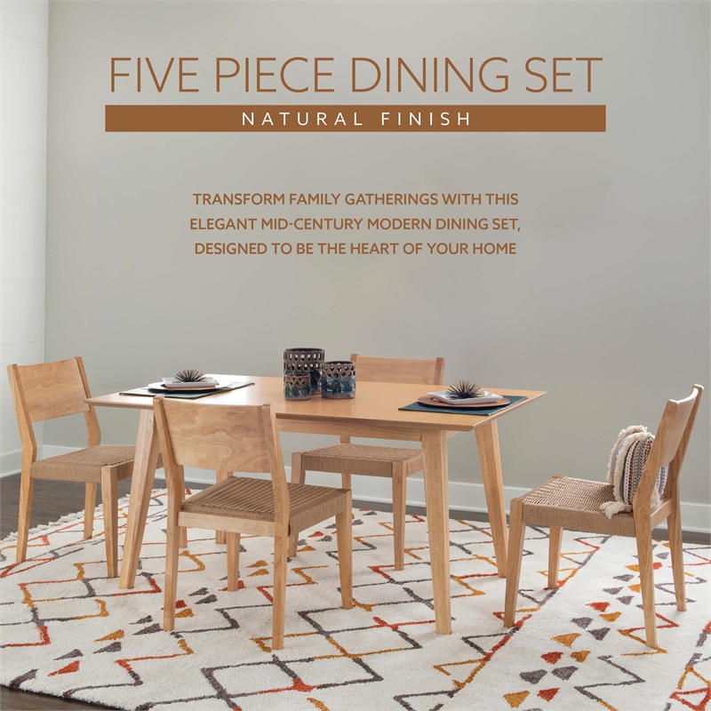 Linon Patty Five Piece Dining Set with Woven Seats in Natural Stained Wood