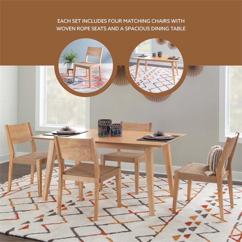 Linon Patty Five Piece Dining Set with Woven Seats in Natural Stained Wood