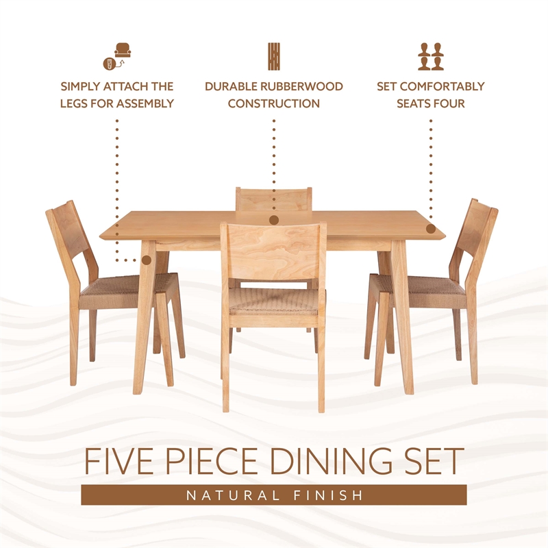 Linon Patty Five Piece Dining Set with Woven Seats in Natural Stained Wood