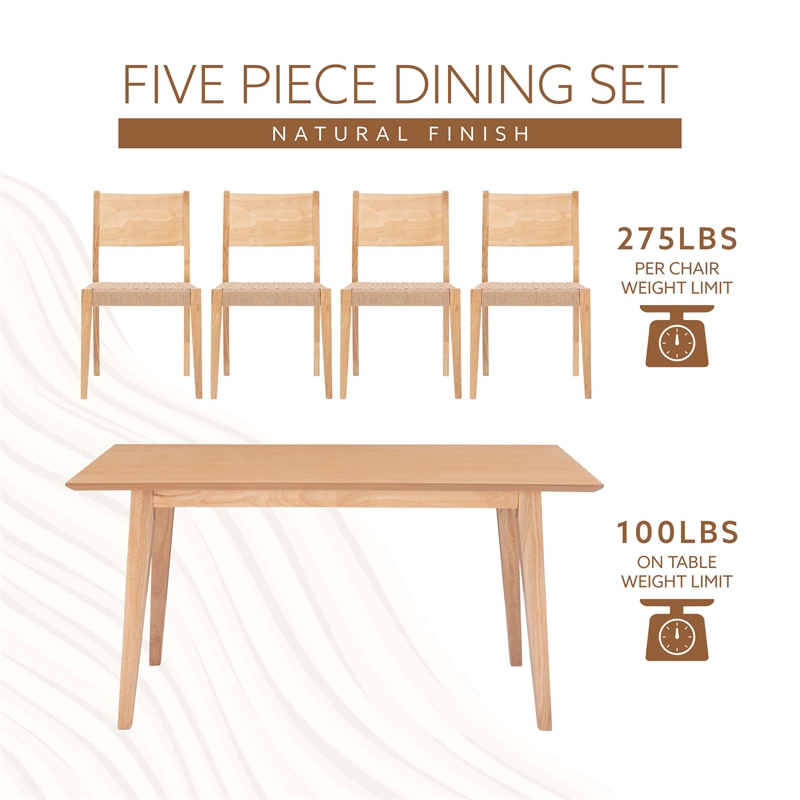 Linon Patty Five Piece Dining Set with Woven Seats in Natural Stained Wood