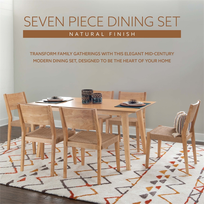 Linon Patty 7 Piece Dining Set with Woven Seats in Natural Brown Stained Wood