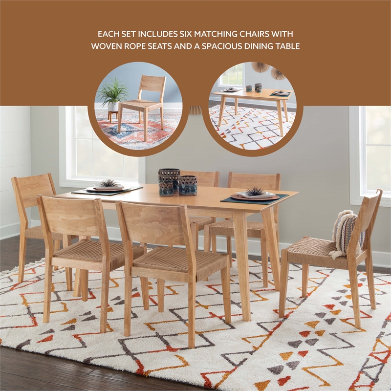 Linon Patty 7 Piece Dining Set with Woven Seats in Natural Brown Stained Wood