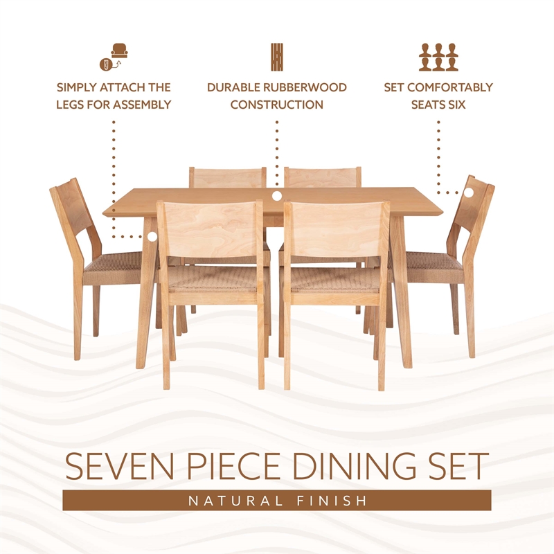 Linon Patty 7 Piece Dining Set with Woven Seats in Natural Brown Stained Wood