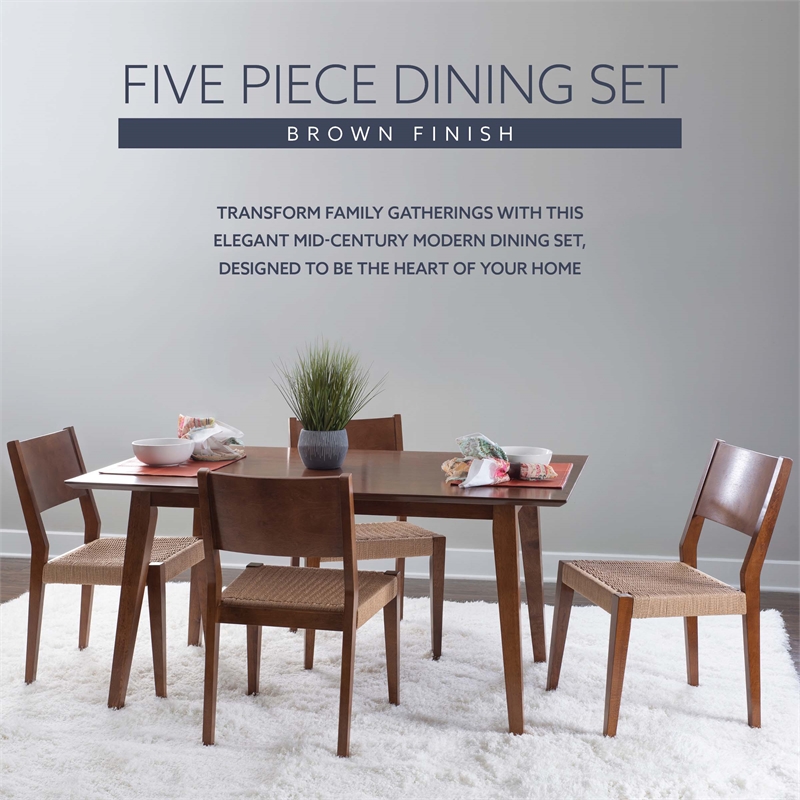 Linon Patty 5 Piece Dining Set with Woven Seats in Warm Brown Stained Rubberwood