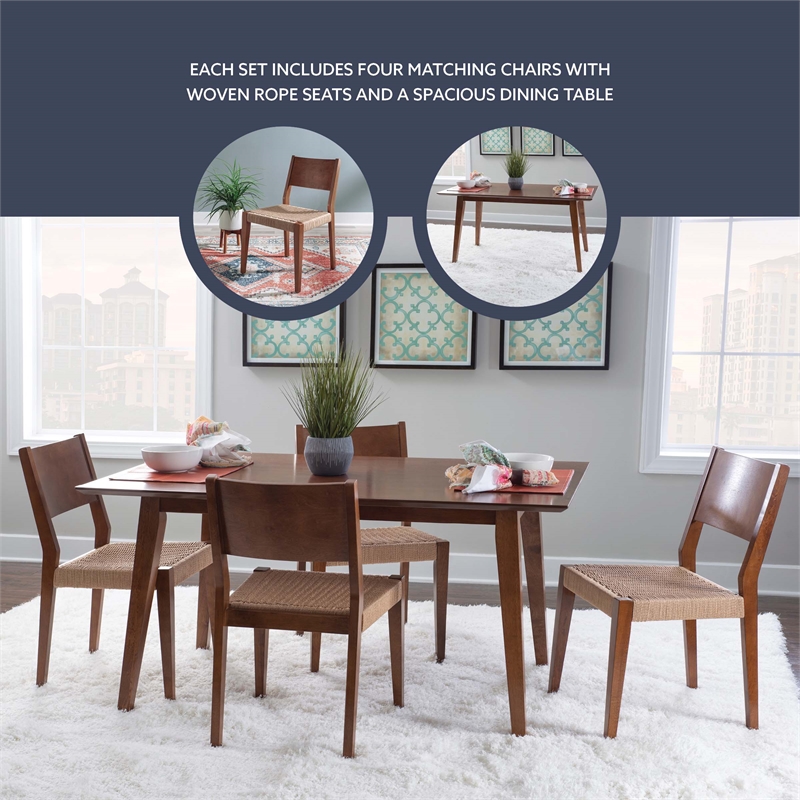 Linon Patty 5 Piece Dining Set with Woven Seats in Warm Brown Stained Rubberwood