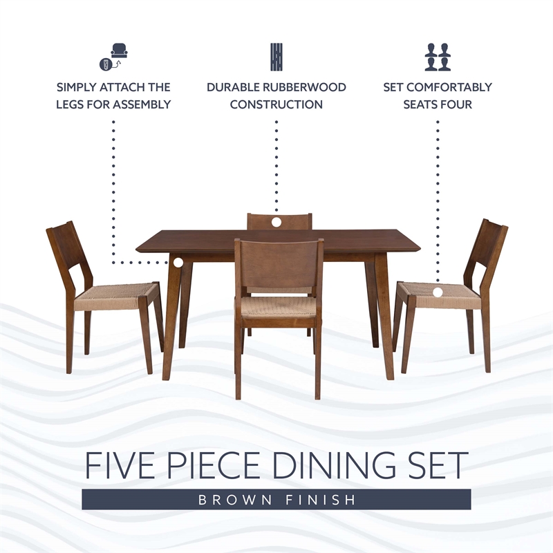 Linon Patty 5 Piece Dining Set with Woven Seats in Warm Brown Stained Rubberwood