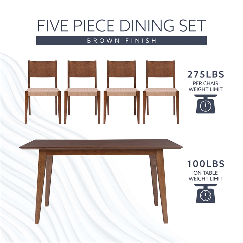 Linon Patty 5 Piece Dining Set with Woven Seats in Warm Brown Stained Rubberwood