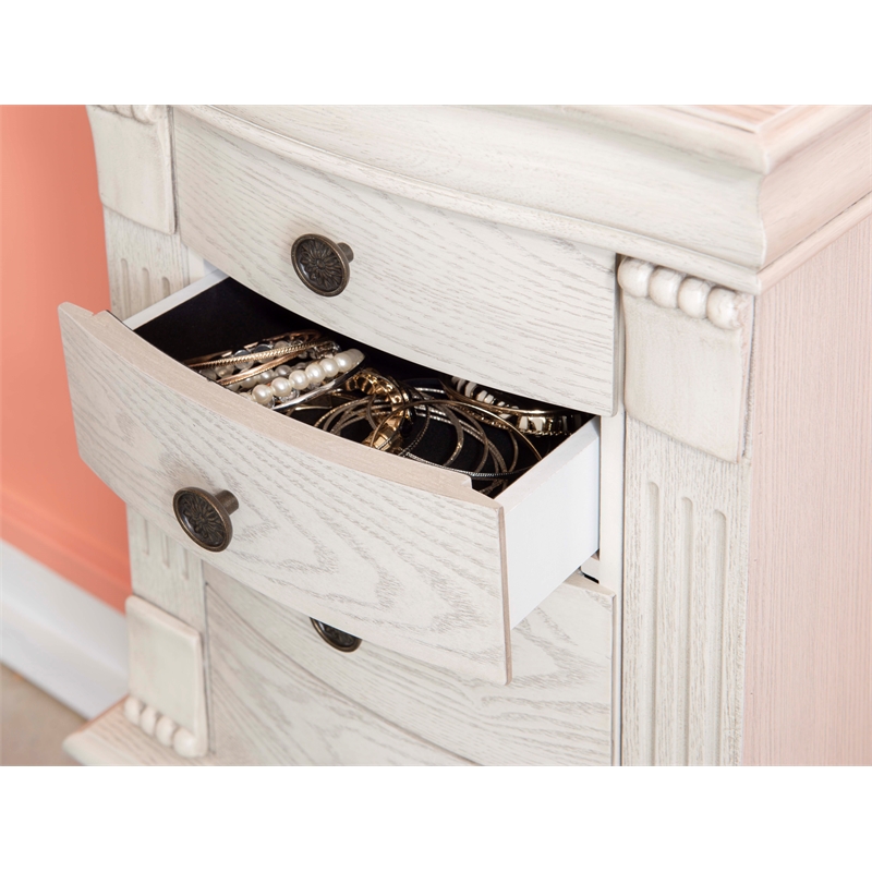 Linon Azalea Jewelry Armoire 4 Drawers Top and Side Storage in Off White Wood