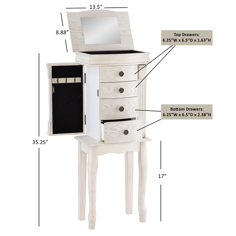 Linon Azalea Jewelry Armoire 4 Drawers Top and Side Storage in Off White Wood