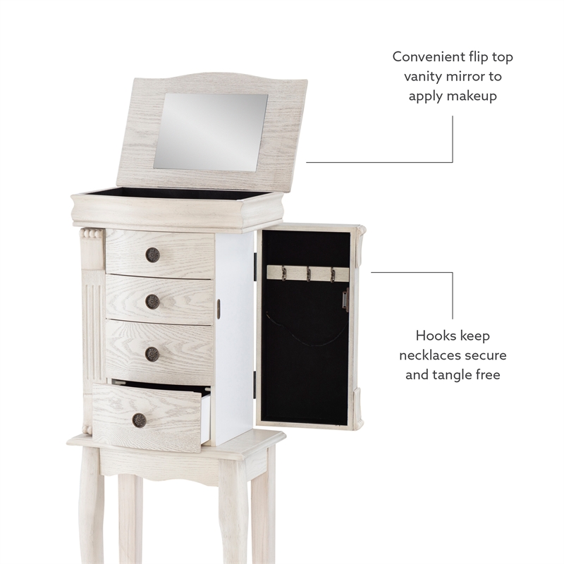 Linon Azalea Jewelry Armoire 4 Drawers Top and Side Storage in Off White Wood