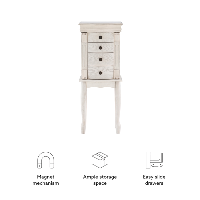 Linon Azalea Jewelry Armoire 4 Drawers Top and Side Storage in Off White Wood