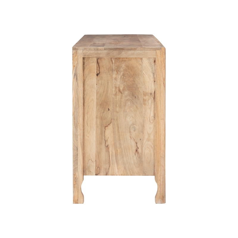 Linon Micah Cabinet Two Carved Doors 2 Shelves in Natural Stained Mango Wood
