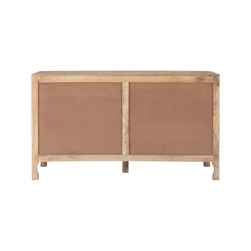 Linon Micah Cabinet Two Carved Doors 2 Shelves in Natural Stained Mango Wood