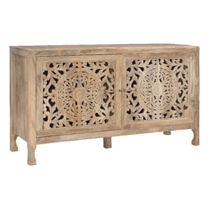 Linon Micah Cabinet Two Carved Doors 2 Shelves in Natural Stained Mango Wood