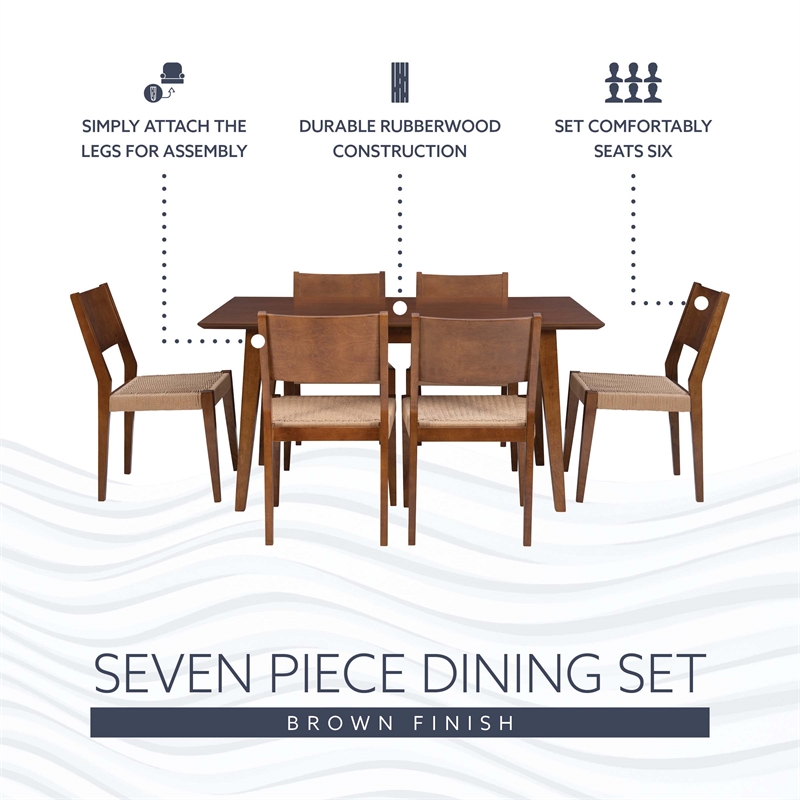 Linon Patty Seven Piece Dining Set with Woven Seats in Rich Brown Stained Wood