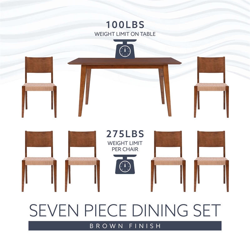 Linon Patty Seven Piece Dining Set with Woven Seats in Rich Brown Stained Wood