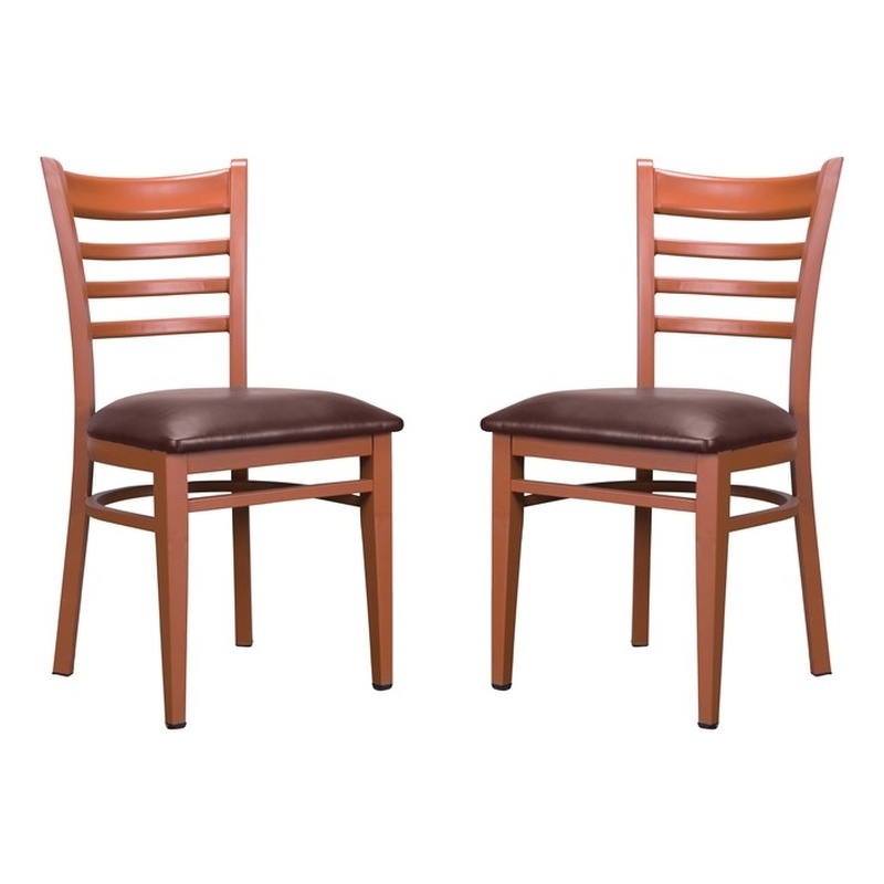 Linon Lassiter Set of 2 Side Chairs Faux Leather Seat Steel Frame in Honey Brown