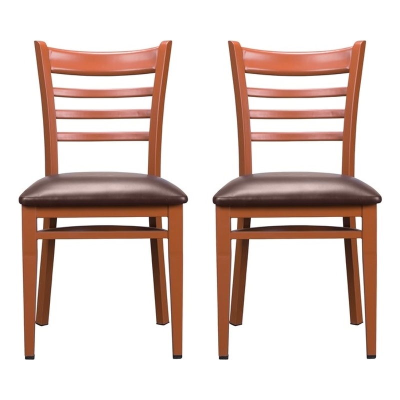 Linon Lassiter Set of 2 Side Chairs Faux Leather Seat Steel Frame in Honey Brown