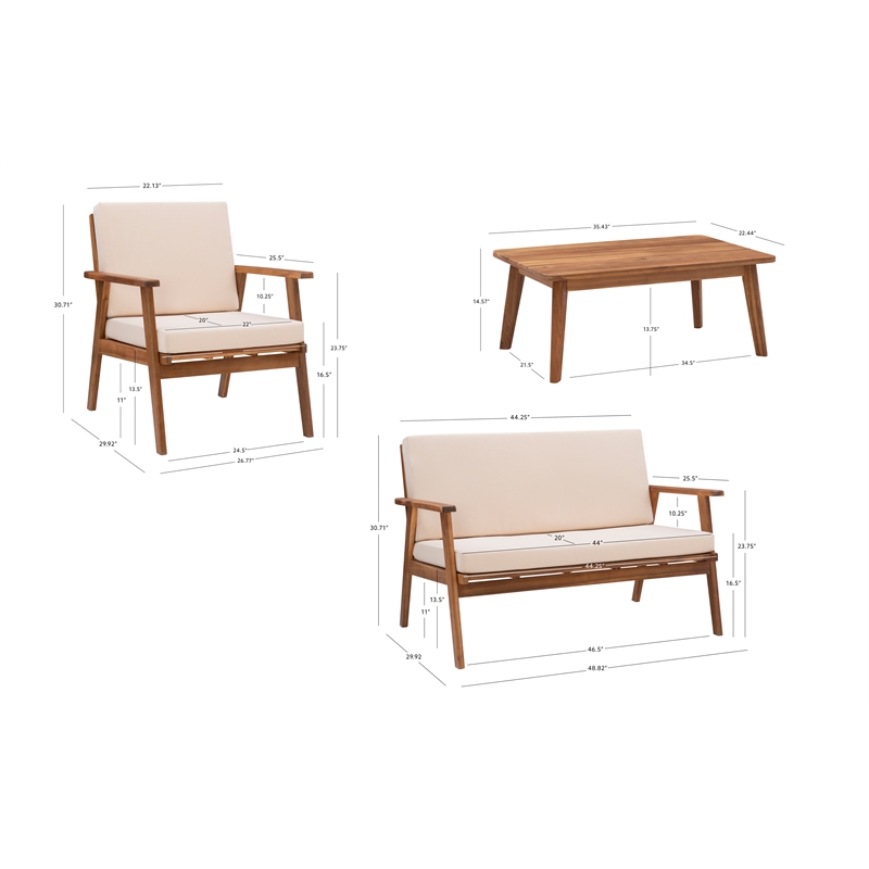 Linon Cooper Outdoor 4 Piece Wood Chat Set with Beige Cushions in Natural Finish