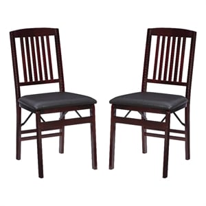 Linon Triena Set of 2 Folding Chairs with Brown Faux Leather Seat in Merlot Wood