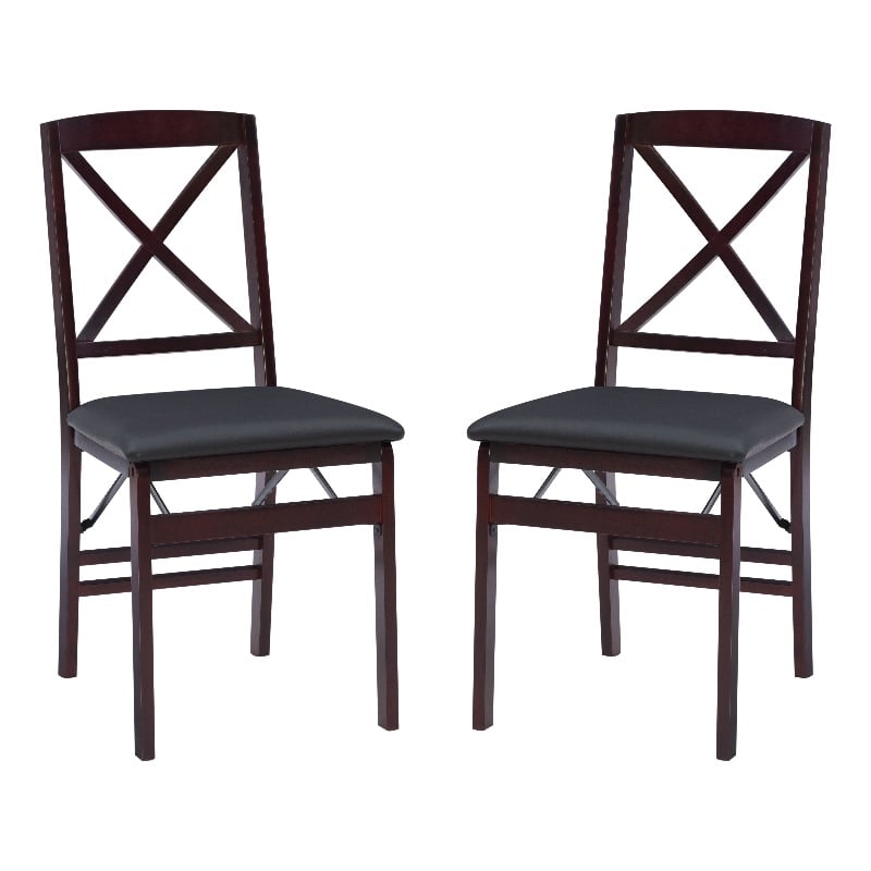 Linon Triena X-Back Set of 2 Folding Chairs Faux Leather Seat in Merlot Wood