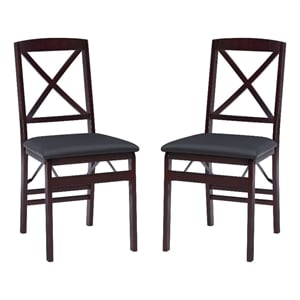 Linon Triena X-Back Set of 2 Folding Chairs Faux Leather Seat in Merlot Wood